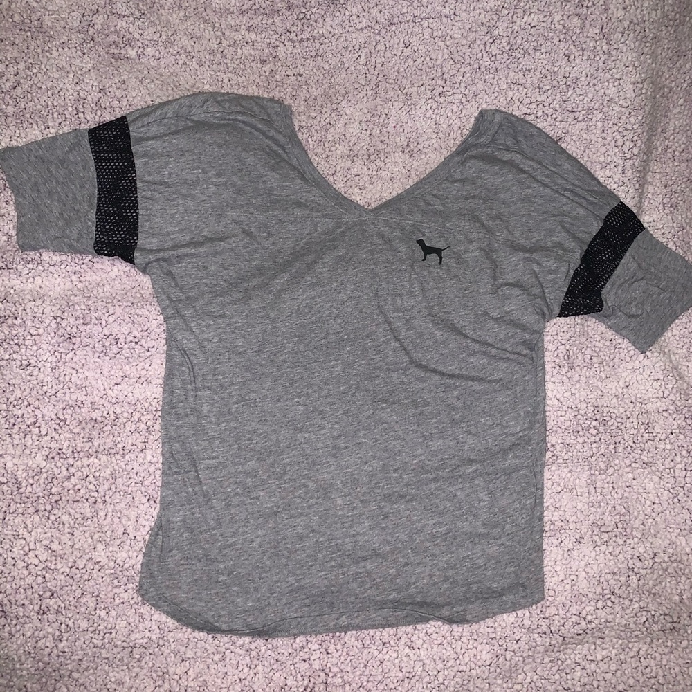 VS PINK grey deep V mesh accent shirt Sz.L